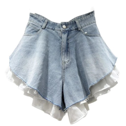 Pantaloni scurți din denim pentru femei cu talie înaltă, volan și buzunare, pantaloni scurți largi din denim pentru vară
