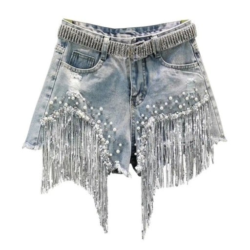 Pantaloni scurți din denim pentru femei, de vară, cu franjuri, pietricele și mărgele, talie înaltă și pantaloni largi, pantaloni scurți din denim bleu pentru petrecere