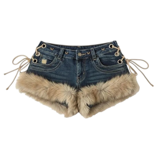 Pantaloni scurți pentru femei cu talie joasă din denim albastru cu fundițe și blăniță pe pantaloni cu buzunare din bumbac