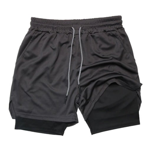 Pantaloni scurți sport pentru bărbați, cu strat dublu, cu uscare rapidă, pentru exerciții fizice, cu buzunare, talie înaltă