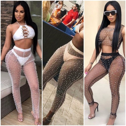 Pantaloni trasparenti da donna con perle