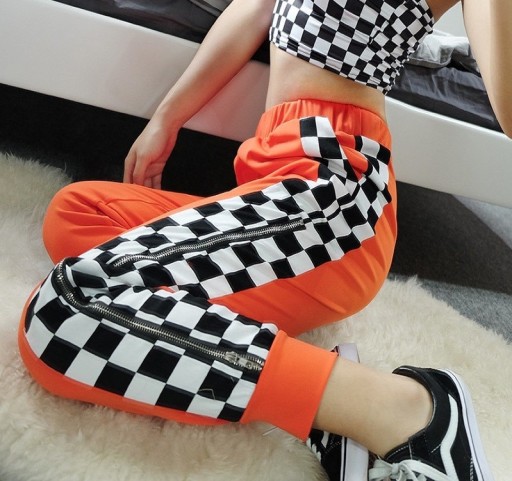 Pantalons de jogging à carreaux orange pour femmes avec zip