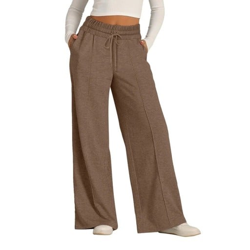 Pantalons de jogging pour femmes à coupe droite avec taille haute élastique et cordon de serrage, complétés par des poches latérales et une couture sur toute la longueur des jambes