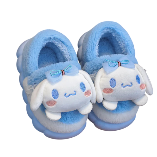 Pantoufles bleues chaudes avec personnage en peluche et nœud Style kawaii Pantoufles d'hiver hautes avec semelle douce Pantoufles domestiques mignonnes