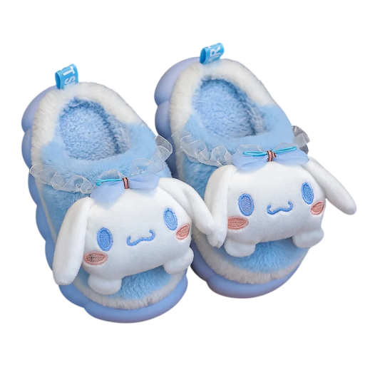 Pantoufles bleues chaudes avec personnage en peluche et nœud style Kawaii Pantoufles d'intérieur basses Semelle souple Pantoufles d'hiver mignonnes
