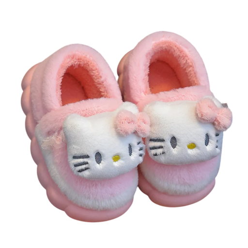 Pantufas altas rosa quentes com personagem de peluche de gatinho Estilo kawaii Sapatos domésticos adoráveis Pantufas de inverno com sola macia