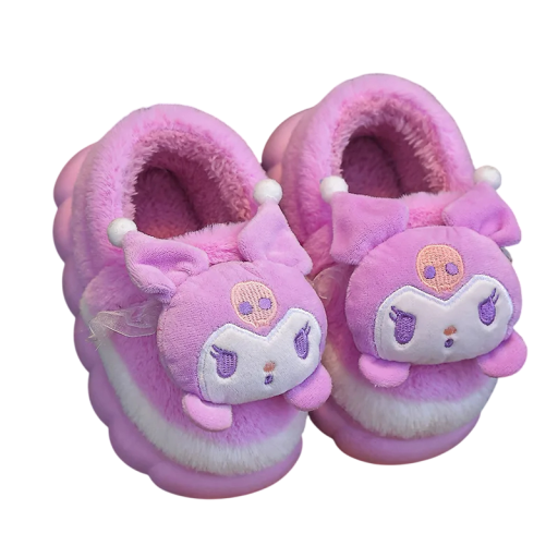 Pantufas altas roxas quentes com personagem de pelúcia Estilo kawaii Sapatos de casa adoráveis Pantufas de inverno macias com sola suave