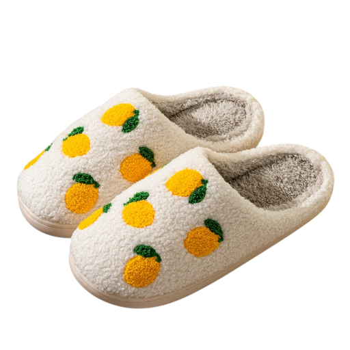 Pantufas felpudas com limões para adultos Pantufas de inverno macias com padrão de fruta Calçado quente para casa Pantufas divertidas com estampado