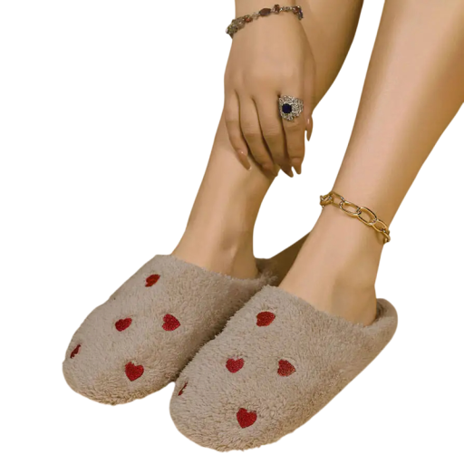 Pantuflas de invierno para mujer con corazones, suaves y peludas, cálidas y cómodas con un bonito estampado.