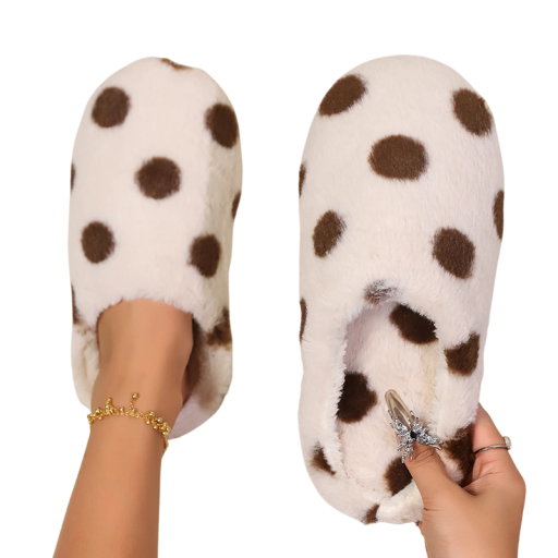 Pantuflas de invierno para mujer con lunares, suaves y peludas, cálidas y elegantes para el invierno, con un estampado alegre.