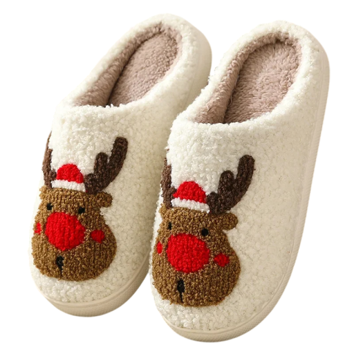 Pantuflas navideñas peludas y cómodas con reno, lindas pantuflas de felpa con motivo 3D, cálidas y divertidas para el invierno.
