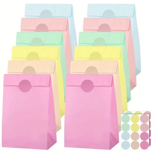 Paper Gift Bags 24 pcs 24 x 13 x 8 cm Pastel Colours with Stickers 3.5 cm Kraft Bags for Gifts and Sweets Various Colours