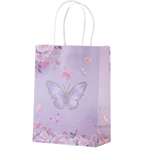 Paperiset lahjakassit perhonen ja kukat setti 5 kpl 21 × 15 × 8 cm paperiset kassit violetti kahvoilla pienille lahjoille juhliin ja syntymäpäiville