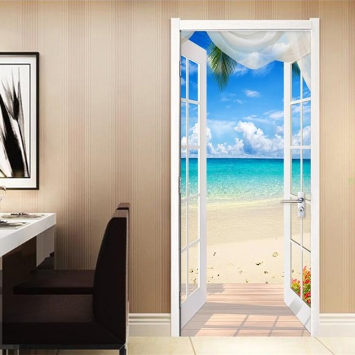 Papier peint autocollant pour portes avec motif de plage