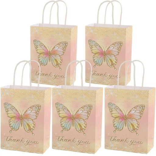 Papiergeschenktüten Schmetterling Thank you Set 5 Stück Papiertragetaschen Gold und Rosa mit Griffen für kleine Geschenke für Gäste bei Feiern Geburtstage