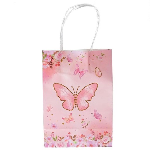 Papiergeschenktüten Schmetterling und Blumen Set 10 Stück Papiertragetaschen Rosa mit Schnurgriffen für kleine Geschenke zu Feiern und Geburtstagen