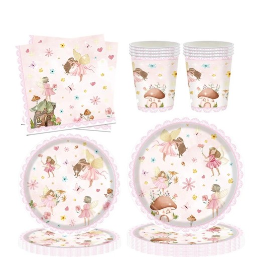 Papierový party set víly taniere poháre servítky 50 ks 17,8 cm a 22,9 cm papierové riady ružová sada na narodeninovú oslavu a detskú párty