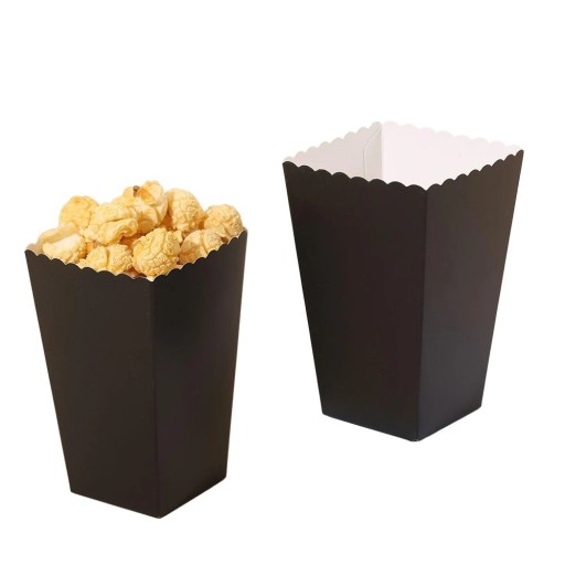 Papierowe pudełka na popcorn 10 sztuk 7 × 5 × 11,5 cm czarne pudełka na popcorn papierowe naczynia na przekąski na imprezy, przyjęcia i wieczory