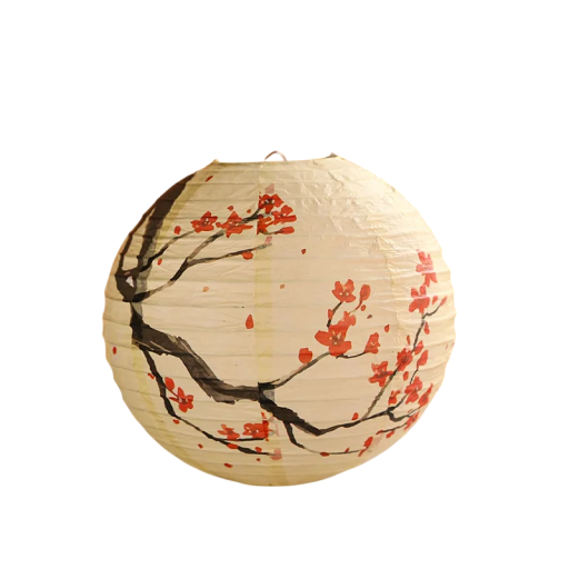 Papierowy okrągły lampion z gałązką sakury 30 cm z papieru z drucianą konstrukcją biały dekoracja na uroczystości i dekoracja do wnętrz