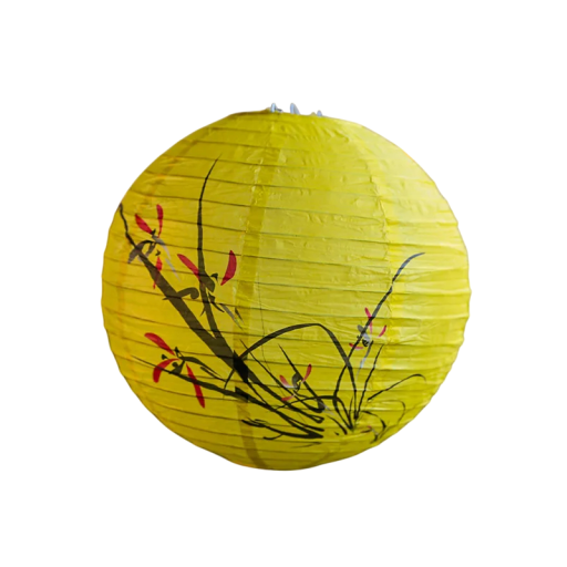 Papíralap kulatý lampion malovanou növény 30 cm papírból drótvázszerkezettel sárga dekorációk ünnepségekre és belső tér díszítésére