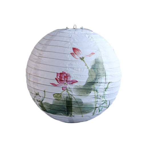 Papíralapú kerek lampion rózsaszín virágokkal 30 cm papírból drótvázszerkezettel fehér dekoráció ünnepségekre és belső tér díszítésére