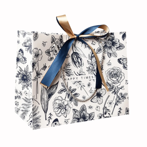 Papírová dárková taška 36×25×12 cm s květinovým a motýlím potiskem s provázkovými uchy a stuhou na balení dárků