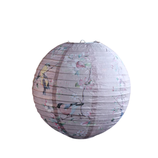 Pappersrund lampion med motiv av fåglar och blommor 30 cm av papper med trådkonstruktion rosa dekoration för fester och inredning