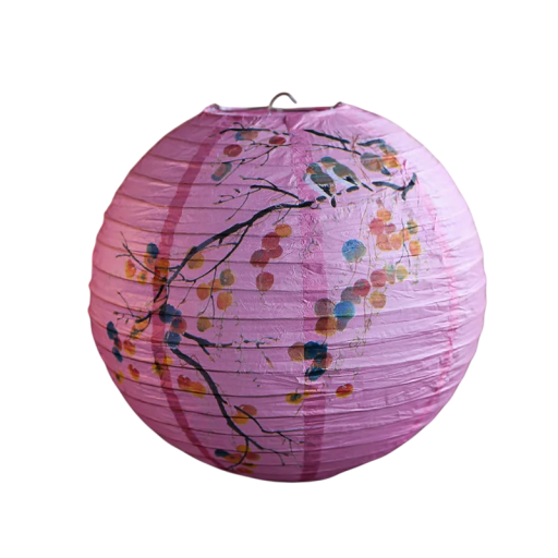 Pappersrund lampion med motiv av grenar och fåglar 30 cm av papper med trådkonstruktion rosa dekoration för fester och inredning