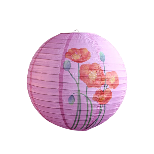 Pappersrund lampion med motiv av vallmo 30 cm av papper med trådkonstruktion rosa dekoration för fester och inredning