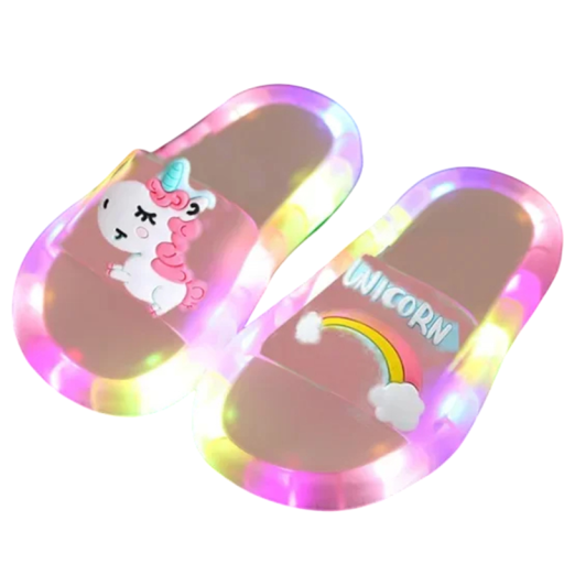 Papuci luminoși pentru copii cu motiv unicorn și curcubeu Papuci de casă colorați Talpă luminoasă Papuci comozi Design drăguț