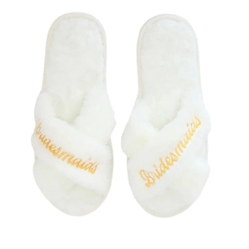 Papuci pufoși pentru femei Bridesmaid 28 cm Papuci de casă albi pentru domnișoara de onoare Petrecere de rămas bun