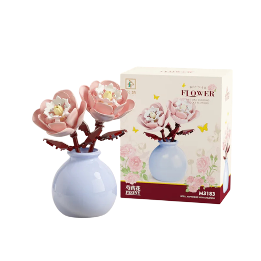 Păpușă floare Bujor roz în vază albastră Decor elegant din piese de construcție din plastic Ornament floral stilat