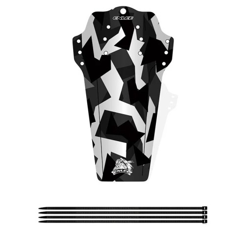 Para fango per bicicletta con motivo geometrico bianco e nero, forme nette, grafica marcata, montaggio universale