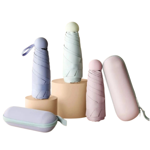 Paraguas plegable tipo cápsula para mujer, pequeño, con protección UV UPF50+, portátil, de color sólido, para bolso, protección contra el sol y la lluvia.