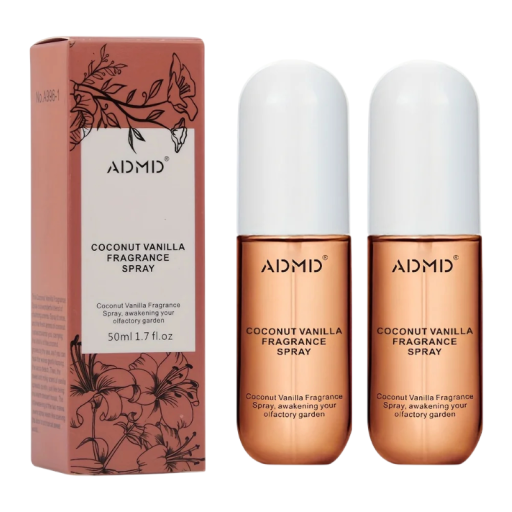 Parfume spray til hår og krop ADMD med kokos og vanilje sæt 2 stk. 50 ml i kobberflaske med hvidt låg rejsepakke