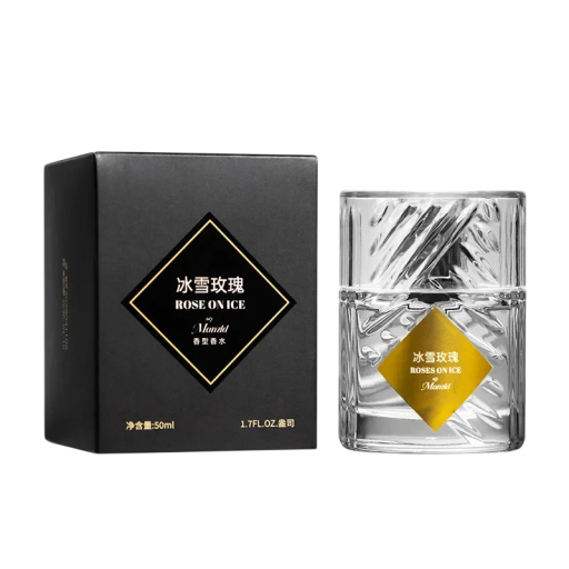 Parfumul unisex Roses On Ice cu o aromă fructată și ușoară 50 ml în sticluță de sticlă transparentă Manzhi cu miros de castravete, lime și trandafir pentru purtare zilnică