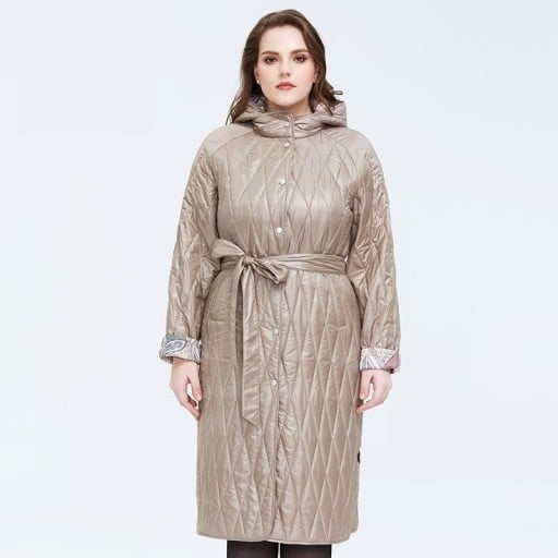 Parka longa acolchoada feminina com capuz e cinto para a primavera e outono Comprimento abaixo do joelho Forro estampado Botões