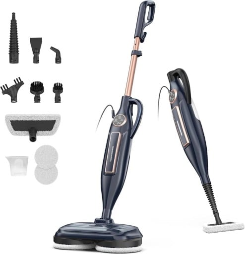 Parní mop 10 v 1 Rotační podložky 1300 W Odnímatelný ruční parní čistič Sada nástavců Tmavě modrý Na dlažbu dřevo i spáry v koupelně