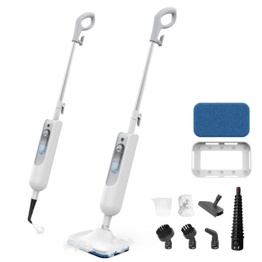 Parní mop 6 v 1 Pára nad 100 °C Nádržka 360 ml Ohřev za 15 s Dva režimy páry Otočná hlava 180° Kabel 4,75 m Bílý Na dlažbu i dřevo