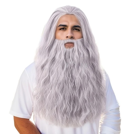 Paróka és szakáll szett Szürke, hosszú hullámos paróka 86 cm vastag szakálljelmeztel, Cosplay karneváli témájú parti színházi kellékkel
