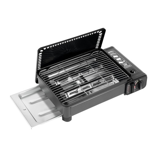 Parrilla de gas portátil para cartucho de butano 41,5 x 28 x 11 cm Bandeja de goteo y presión 0,25 a 0,3 MPa Negra Para camping y viajes