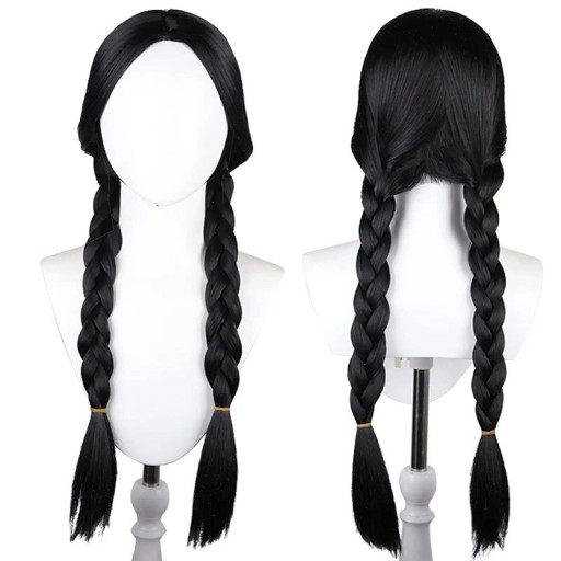 Parucă anime cosplay costum Wednesday Addams Familia Addams realizare sintetică cu împletituri pentru costume și evenimente tematice