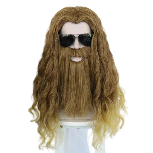 Paryksæt med skæg og overskæg, mørkere blond, lysebrun med blonde spidser, 56 cm, bølget syntetisk paryk, cosplay, karnevalskostume, teaterrekvisit