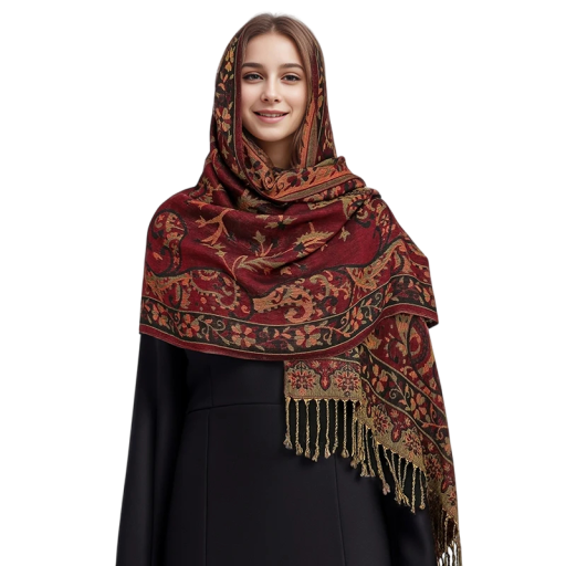 Paśmínowy hidżabowy szalik z ornamentami paisley i frędzlami 70x180 cm poliestrowy do eleganckiego i codziennego noszenia