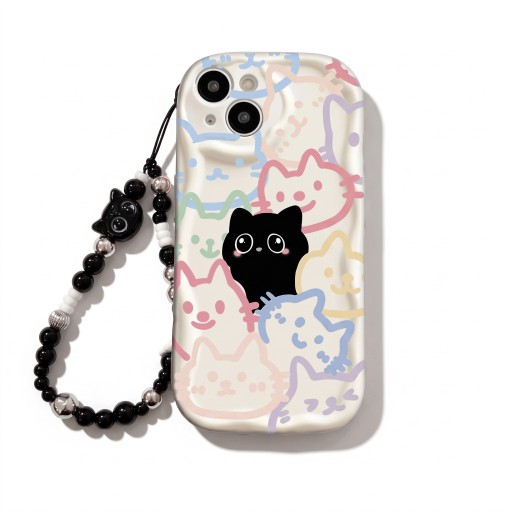 Pastell macskás tok Samsung Galaxy A25 Karkötő a csuklóra Tartós Sarok- és kamera védelem Fehér Fekete kiscica