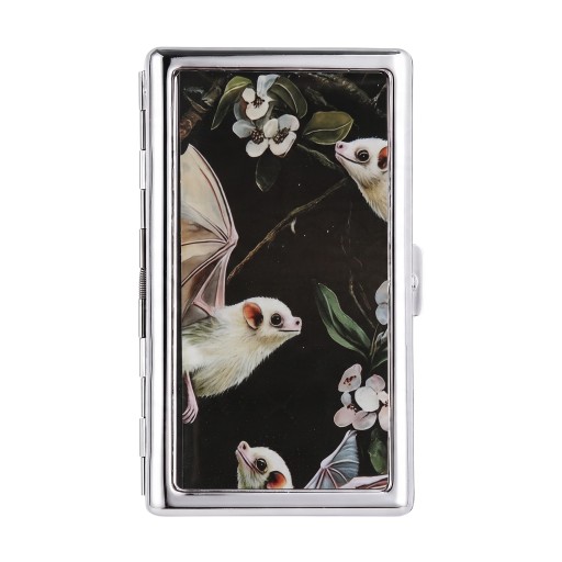 Păstrător de carduri Vintage stil 10 x 6 x 2 cm Metalic Argintiu cu capac negru Motiv de lilieci și flori Două compartimente Pentru vizitări