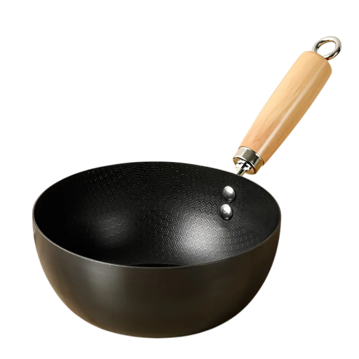 Patelnia metalowa 28 cm bez wykończenia powierzchni z głębokim profilem i drewnianą rączką