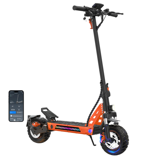 Patinete eléctrico plegable con neumáticos todoterreno de 10 pulgadas, motor de 1000 W, batería de 13Ah, autonomía de 45 km, frenos de disco, naranja-negro