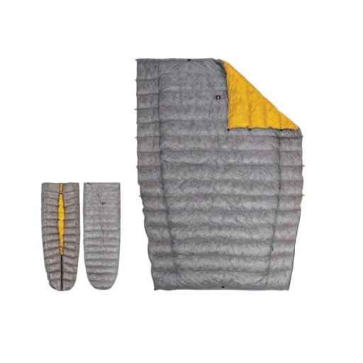 Pătură din puf cu quiltare ultraușoară Komfort de la 5 °C Dimensiune 184 x 134 cm Puf de rață 850 FP și nylon 10D Gri și galben Pentru camping și drumeții