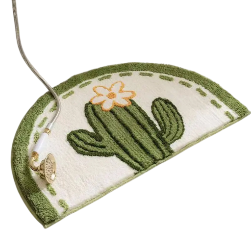 Pătură semicirculară pentru baie cu cactus și floare, 50 x 80 cm, design din pluș alb-verde pentru intrarea în baie